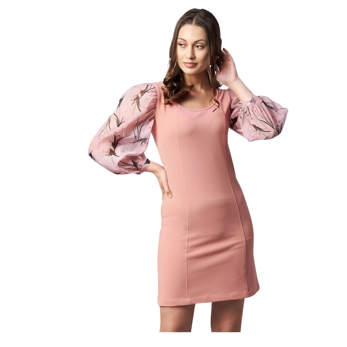 Women's Polyester Lycra And Organza Floral Balloon Sleeve Dress (pink) | Women Signature Collection