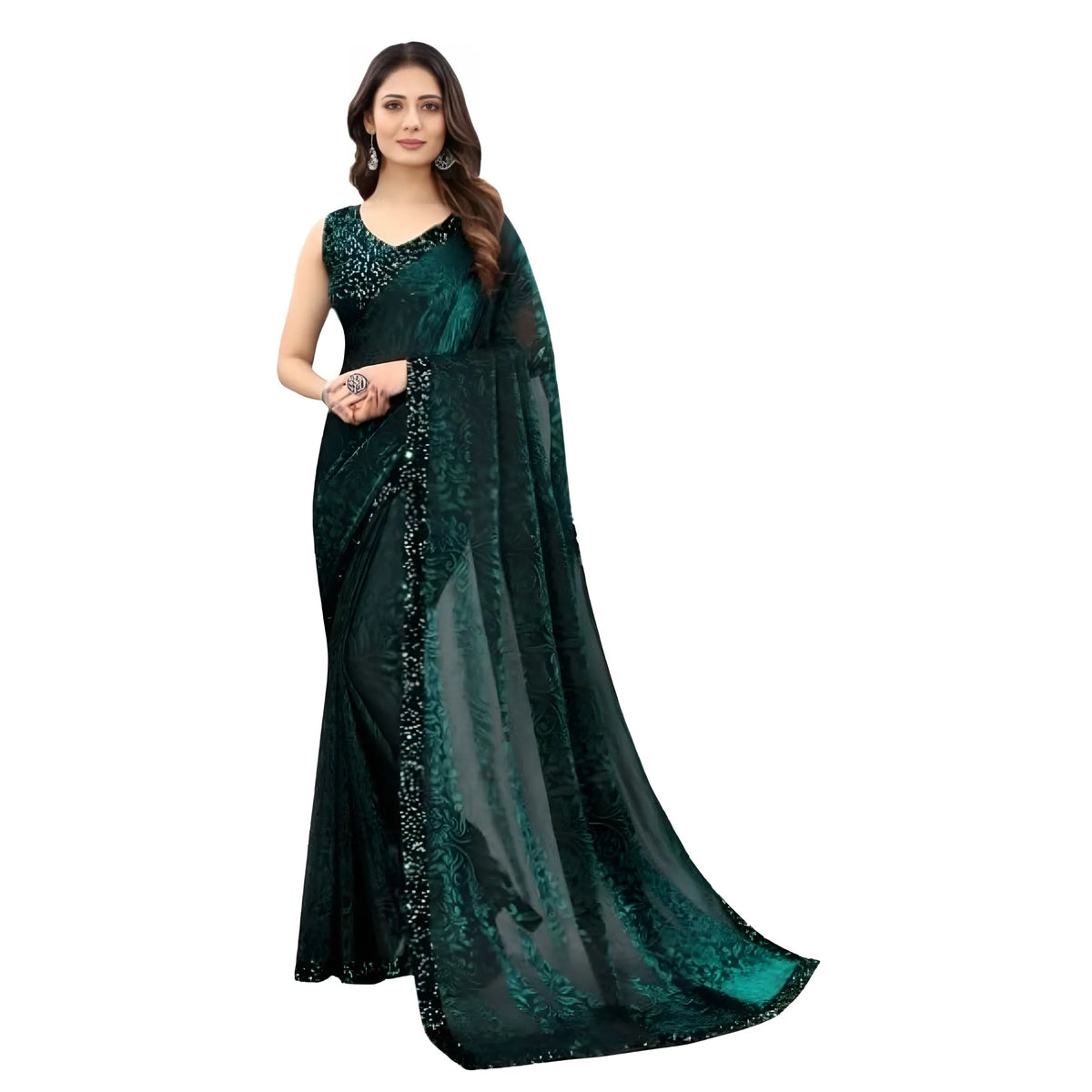 Women's Lycra Floral Saree With Unstitched Blouse (green, 5.5 Mtr) | Women Signature Collection