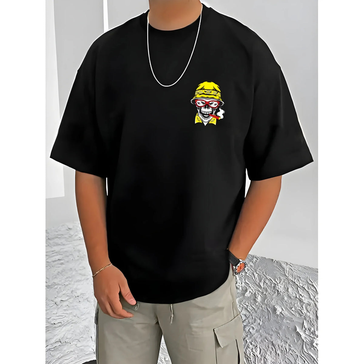 Men's Casual Cotton Blend Printed Round Neck Half Sleeve T-Shirt (Black)
