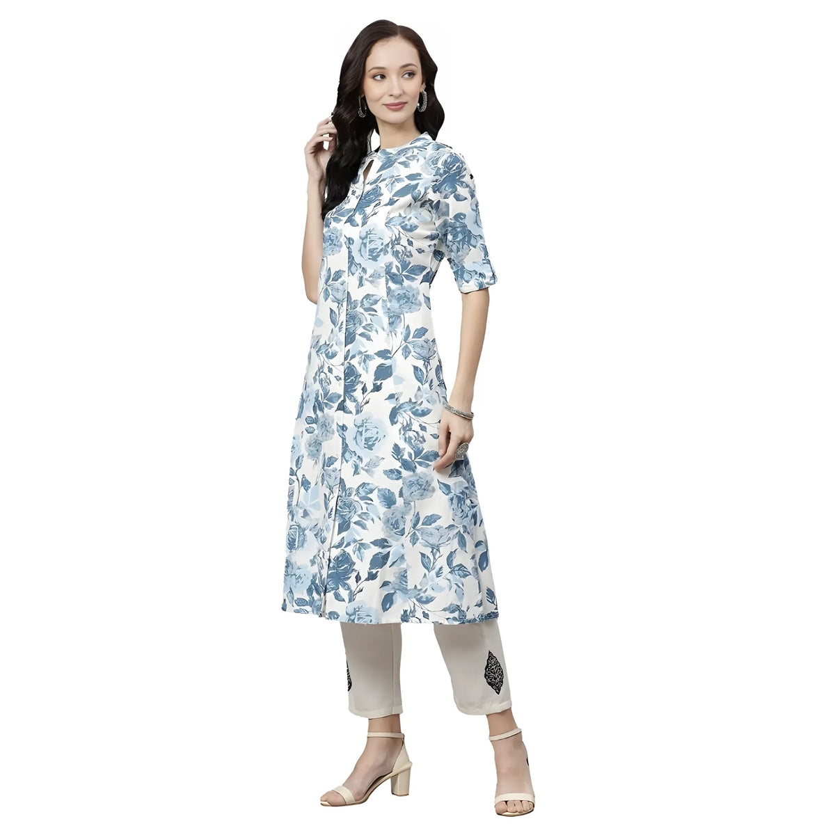 Women's Cotton Printed Floral Print Kurti (white, Blue, Cotton) | Women Signature Collection