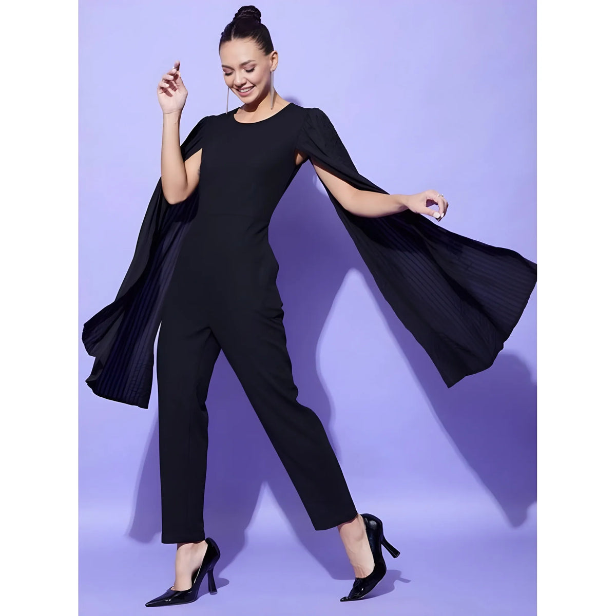 Women's Polyeter Solid Cape Sleeve Jumpsuit (black) | Women Signature Collection