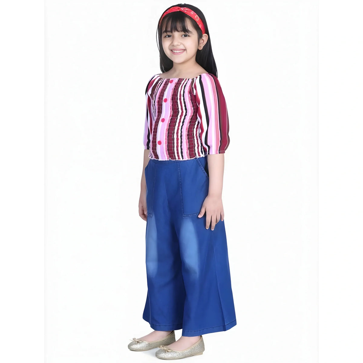 Girl's Rayon Solid Bell Sleeve Top With Culottes (purple Blue) | Kids Signature Collection