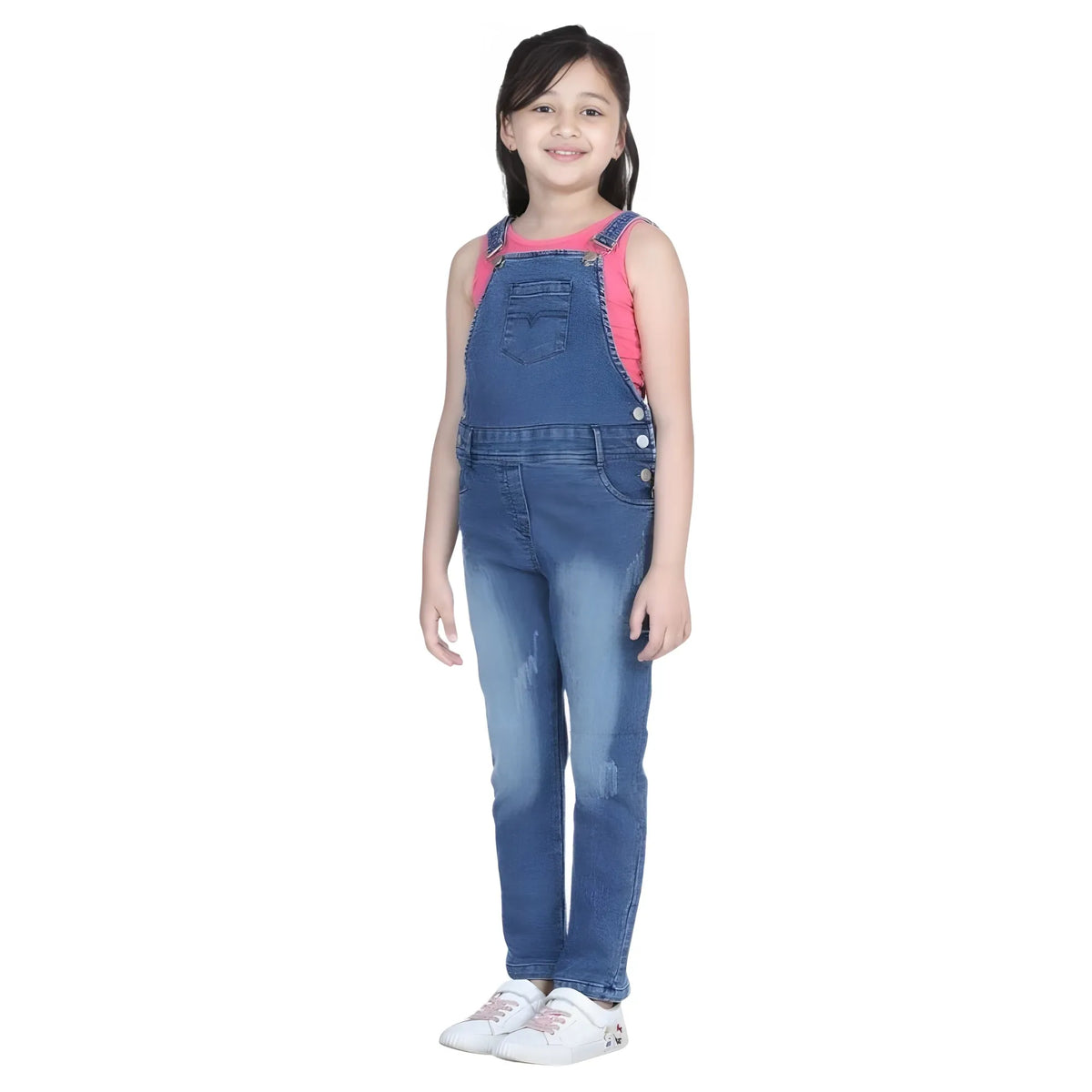 Girl's Denim Washed Buttoned Dungaree (blue) | Kids Signature Collection