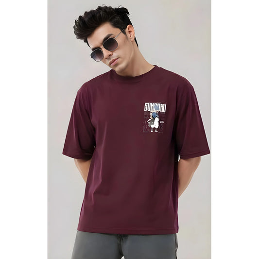 Men's Cotton Blend Printed Oversized Round Neck Half Sleeve T-Shirt (Wine)