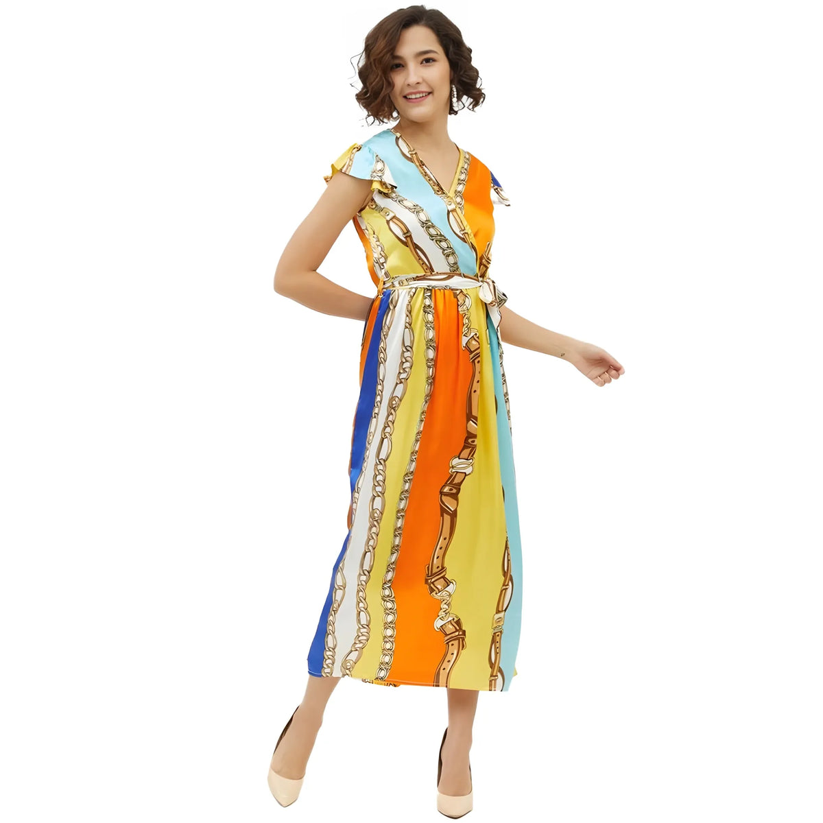 Women's Satin Chain Print Cap Sleeve Calf Length Dress (multicolor) | Women Signature Collection