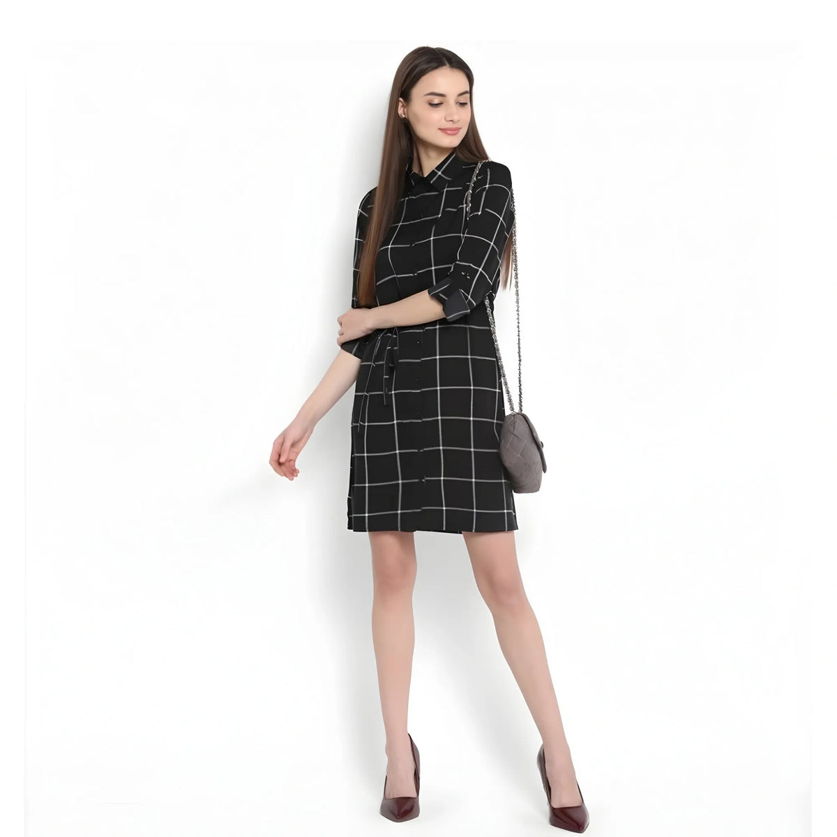 Women's Polyester Checkered Roll Up Sleeve Above Knee Dress (black White) | Women Signature Collection