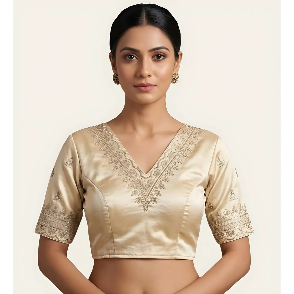 Ivory Women's Satin Embroidered Half sleeve V-Neck Padded Readymade Blouse