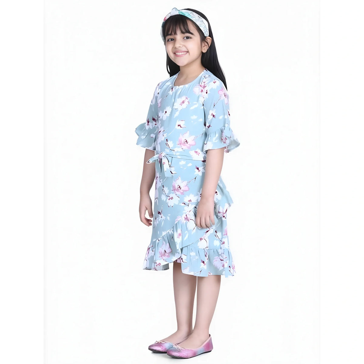 Girl's Polyester Crepe Floral Bell Sleeve Dress (turquoise Blue) | Kids Signature Collection