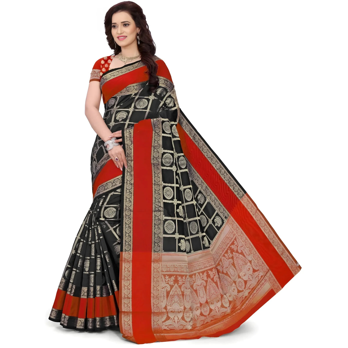 Women's Jacquard Woven Saree With Unstitched Blouse 5.5mtr (red Black) | Women Signature Collection