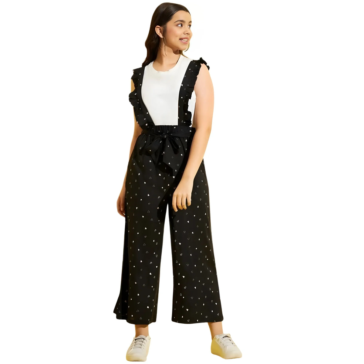 Girl's Cotton Printed Sleeveless Dungaree (black White) | Kids Signature Collection