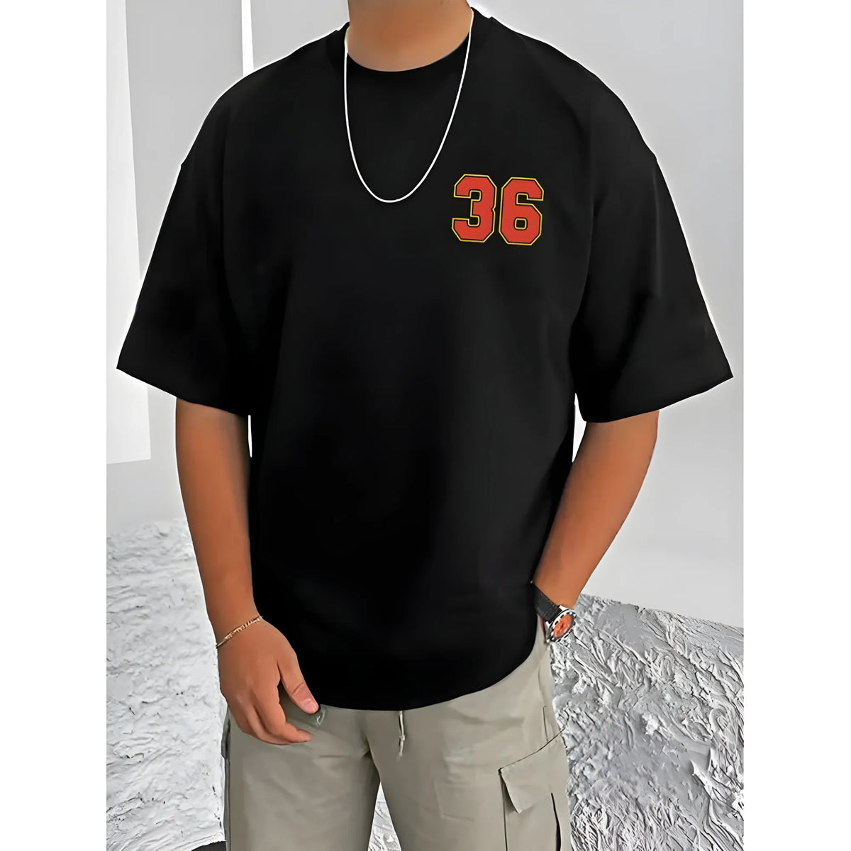 Men's Casual Cotton Blend Printed Round Neck Half Sleeve T-Shirt (Black)