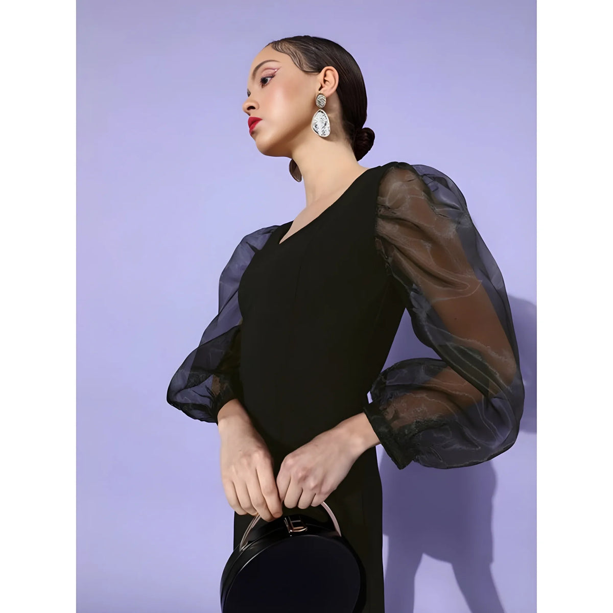 Women's Organza And Polyester Lycra Solid Long Sleeves Dress (black) | Women Signature Collection