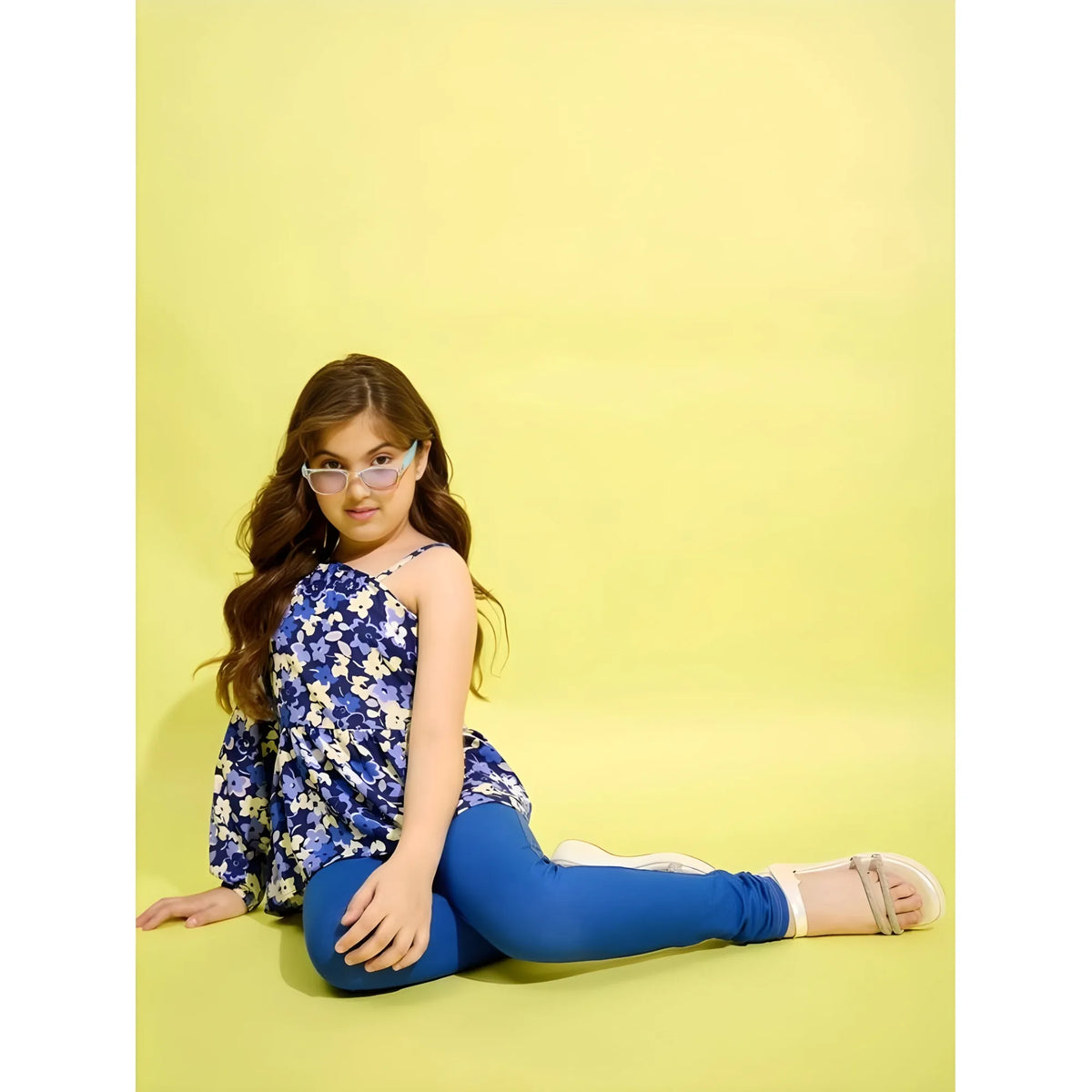 Girl's Polyester Floral One Shoulder Jeggings Set (blue) | Kids Signature Collection