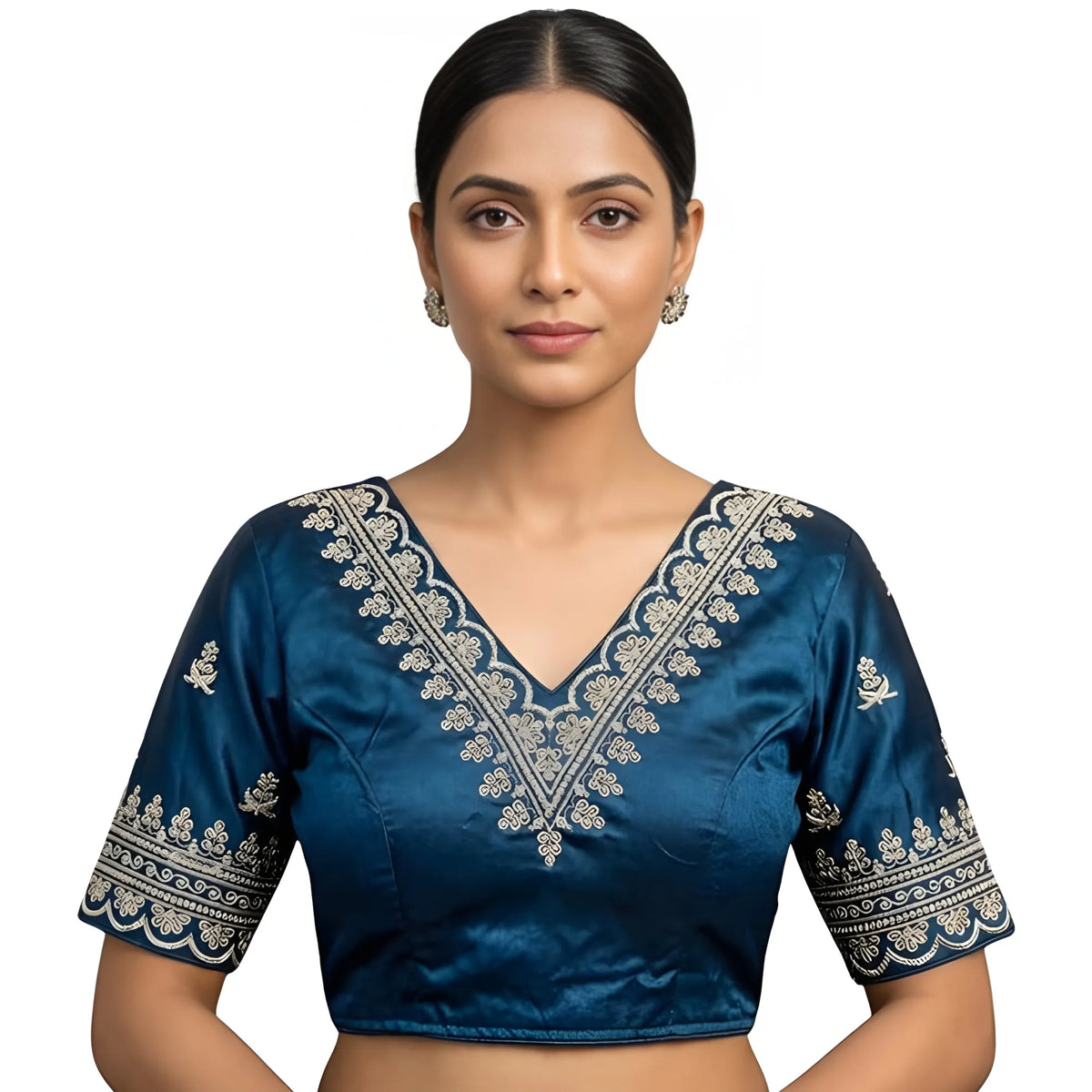 Signature Women's Satin Embroidered Half sleeve V-Neck Padded Readymade Blouse