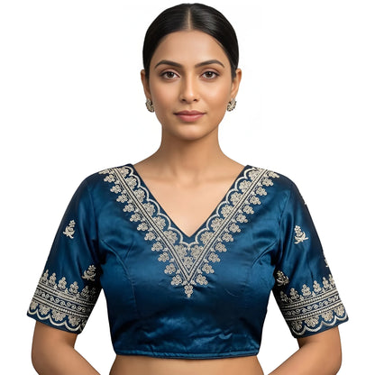 Signature Women's Satin Embroidered Half sleeve V-Neck Padded Readymade Blouse