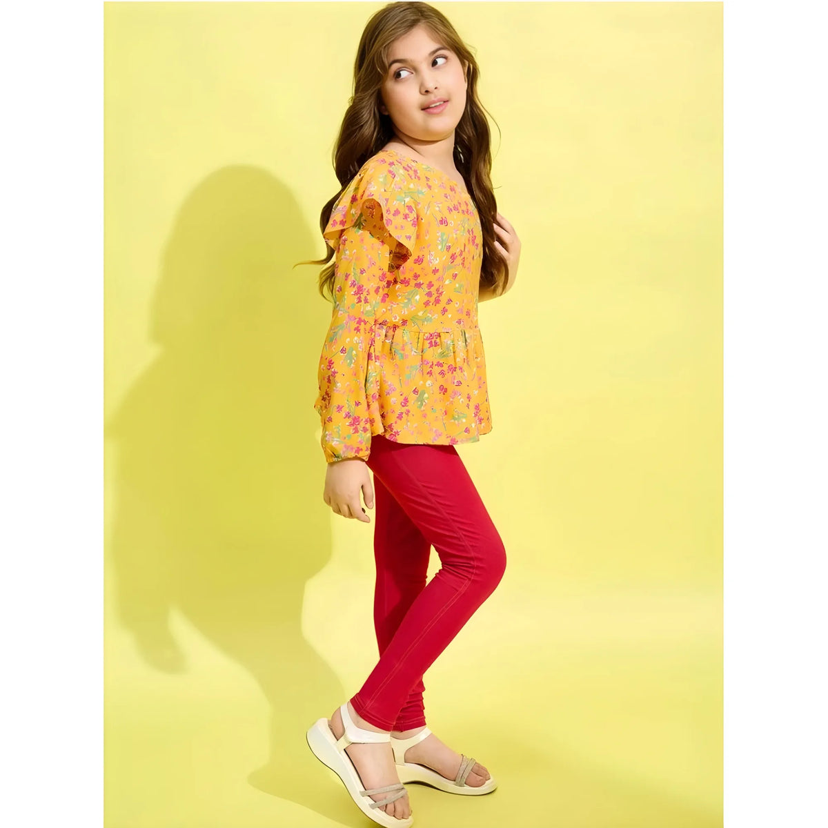 Girl's Polyester Floral One Shoulder Jeggings Set (yellow Red) | Kids Signature Collection