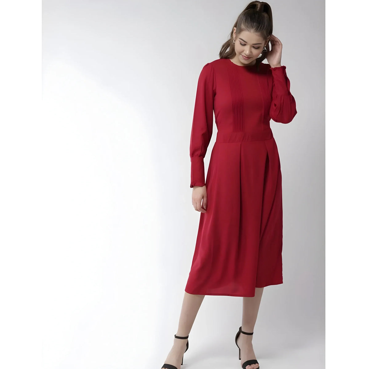 Women's Polyester Pintuck Long Sleeves Below Knee Dress (red) | Women Signature Collection