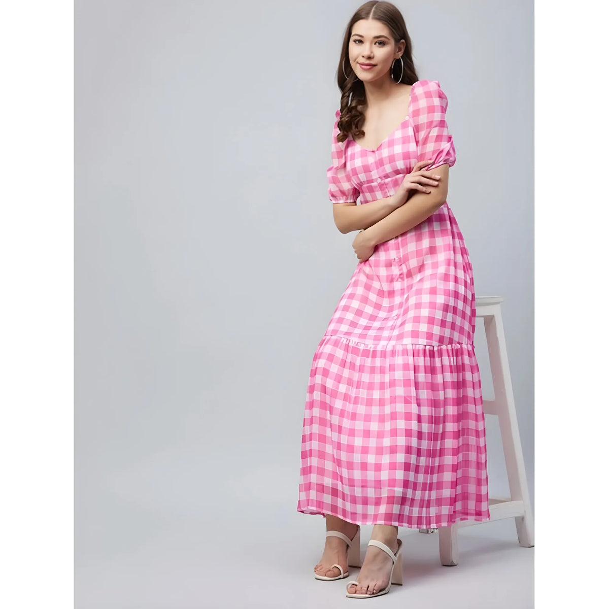Women's Polyester Georgette Checkered Half Sleeve Dress (pink) | Women Signature Collection