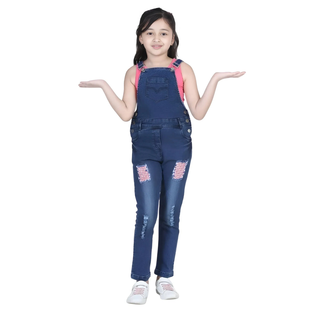 Girl's Denim Patch Work Buttoned Dungaree (blue) | Kids Signature Collection