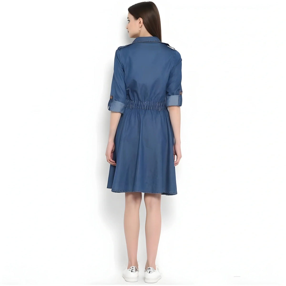 Women's Denim Solid Roll Up Sleeve Dress (blue) | Women Signature Collection
