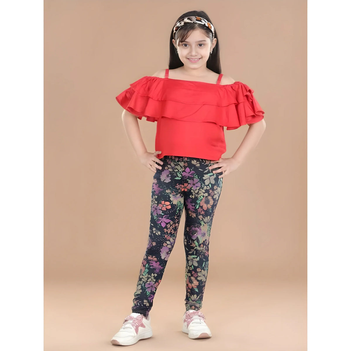 Girl's Cotton Lycra Floral Elasticated Jeggings (Multicolor)