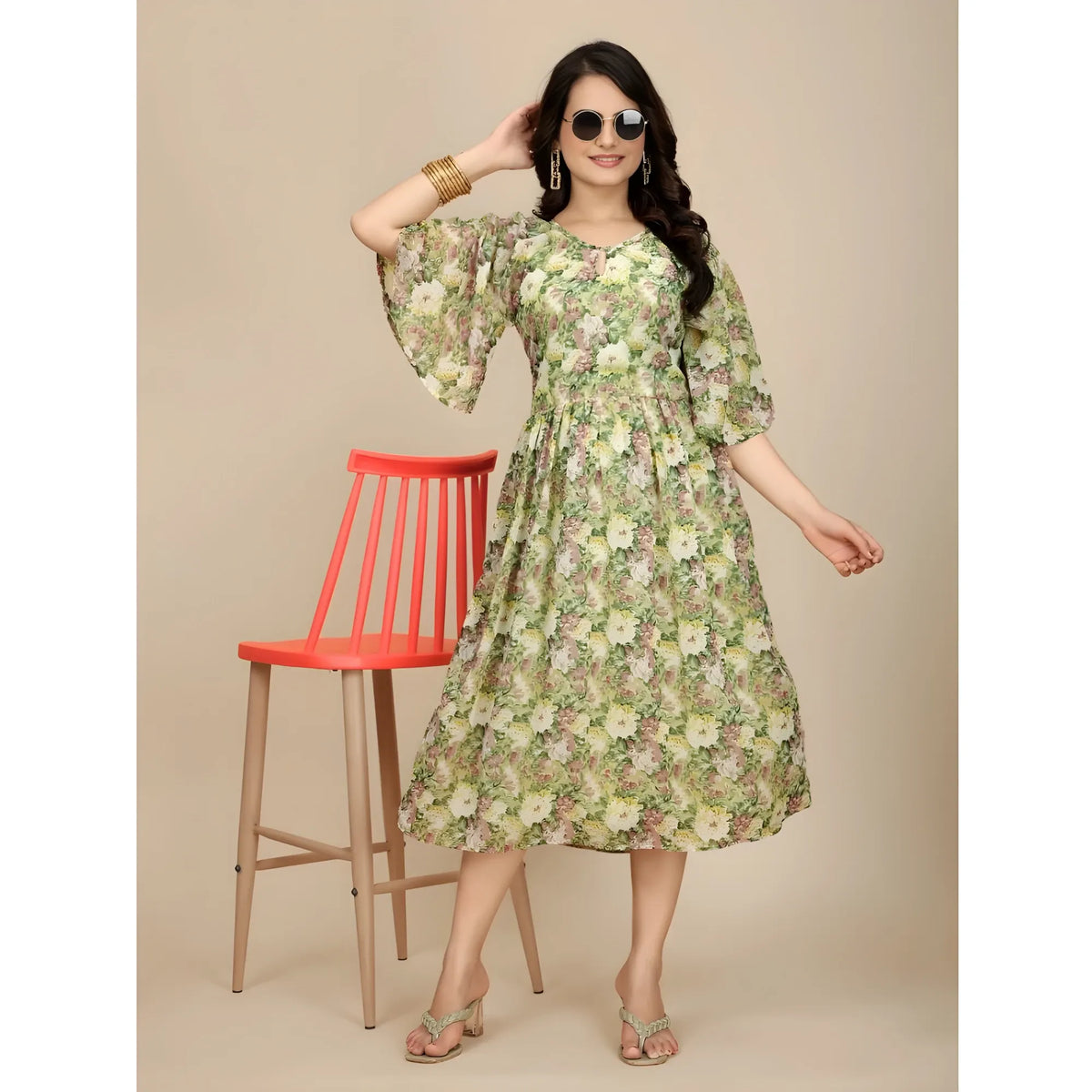 Women's Georgette Printed Round Neck Short Sleeve Dress (green) | Women Signature Collection