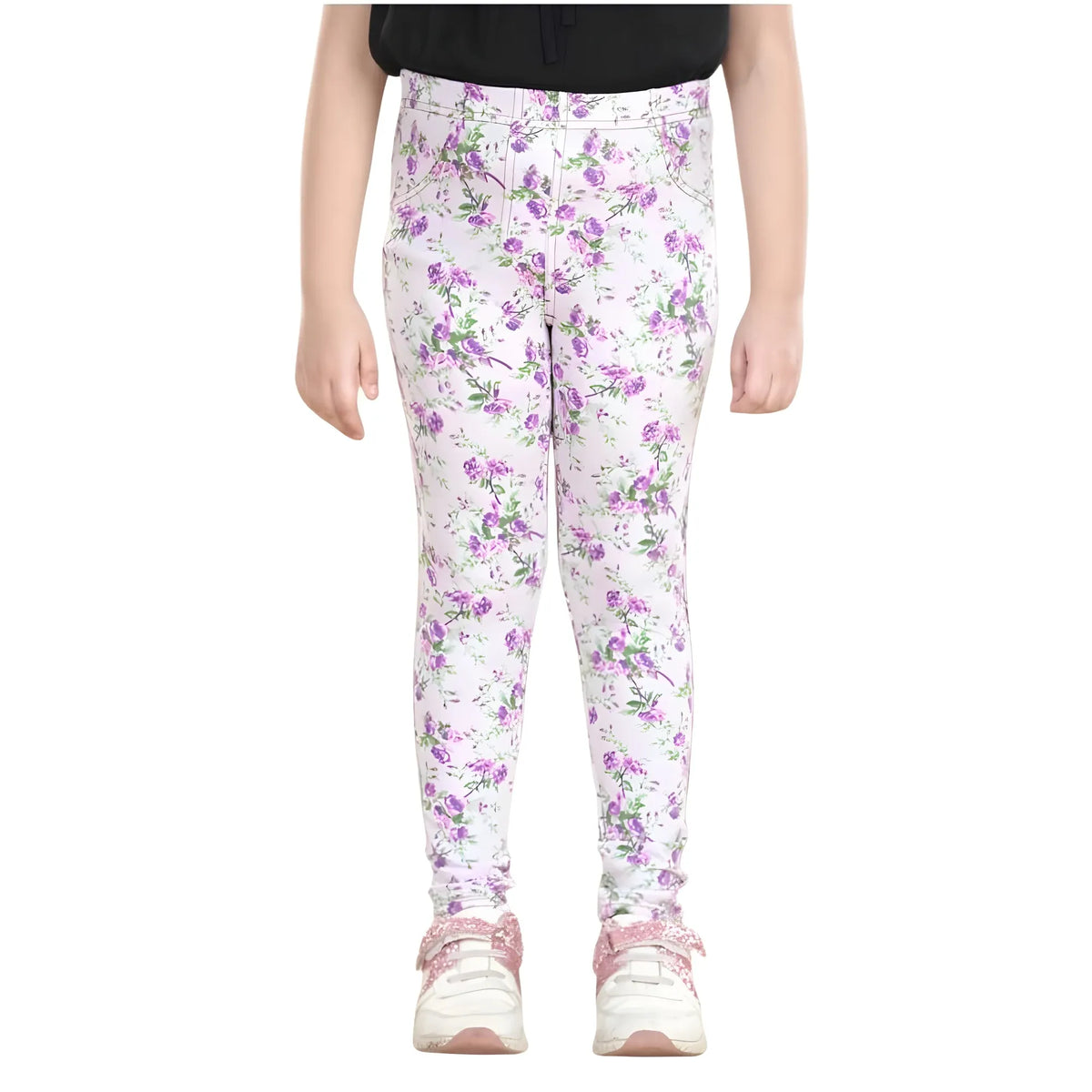 Girl's Cotton Lycra Floral Elasticated Jeggings (Lavender)