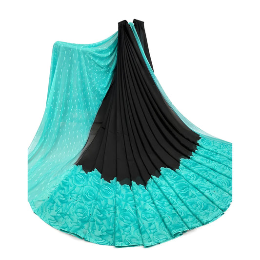 Women's Georgette Printed Saree With Unstitched Blouse 5.5Mtr (Black-Turquoise)