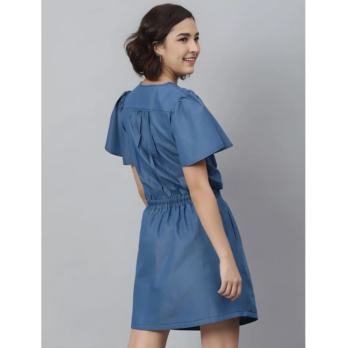 Women's Denim Solid Flutter Above Knee Dress (blue) | Women Signature Collection