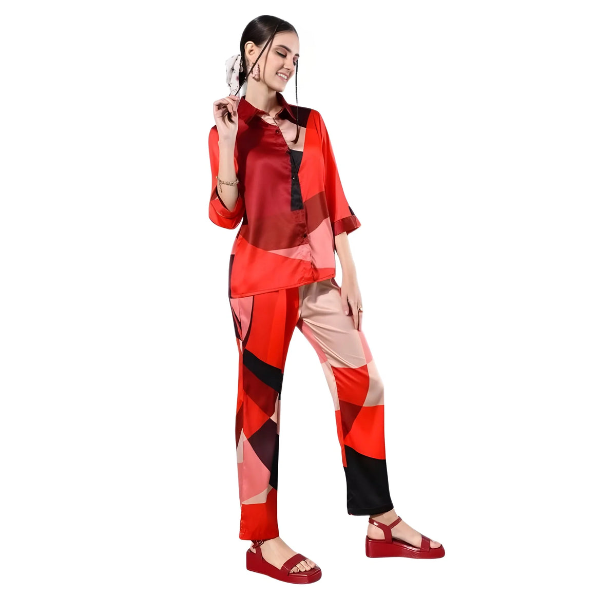 Women's Satin Colour Block Long Sleeves Co Ord Set (multicolor) | Women Signature Collection