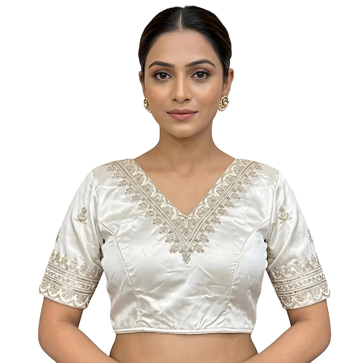 Pearl Women's Satin Embroidered Half sleeve V-Neck Padded Readymade Blouse
