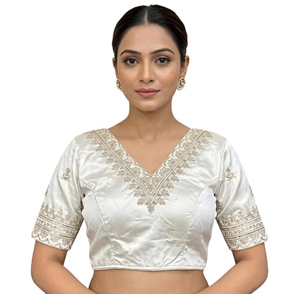 Pearl Women's Satin Embroidered Half sleeve V-Neck Padded Readymade Blouse