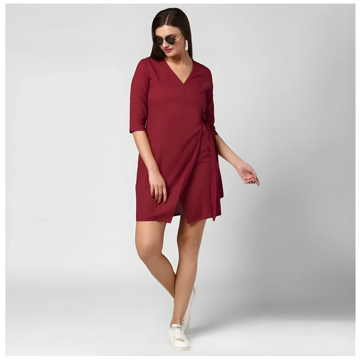 Women's Cotton Solid 3 4th Sleeves Above Knee Dress (maroon) | Women Signature Collection
