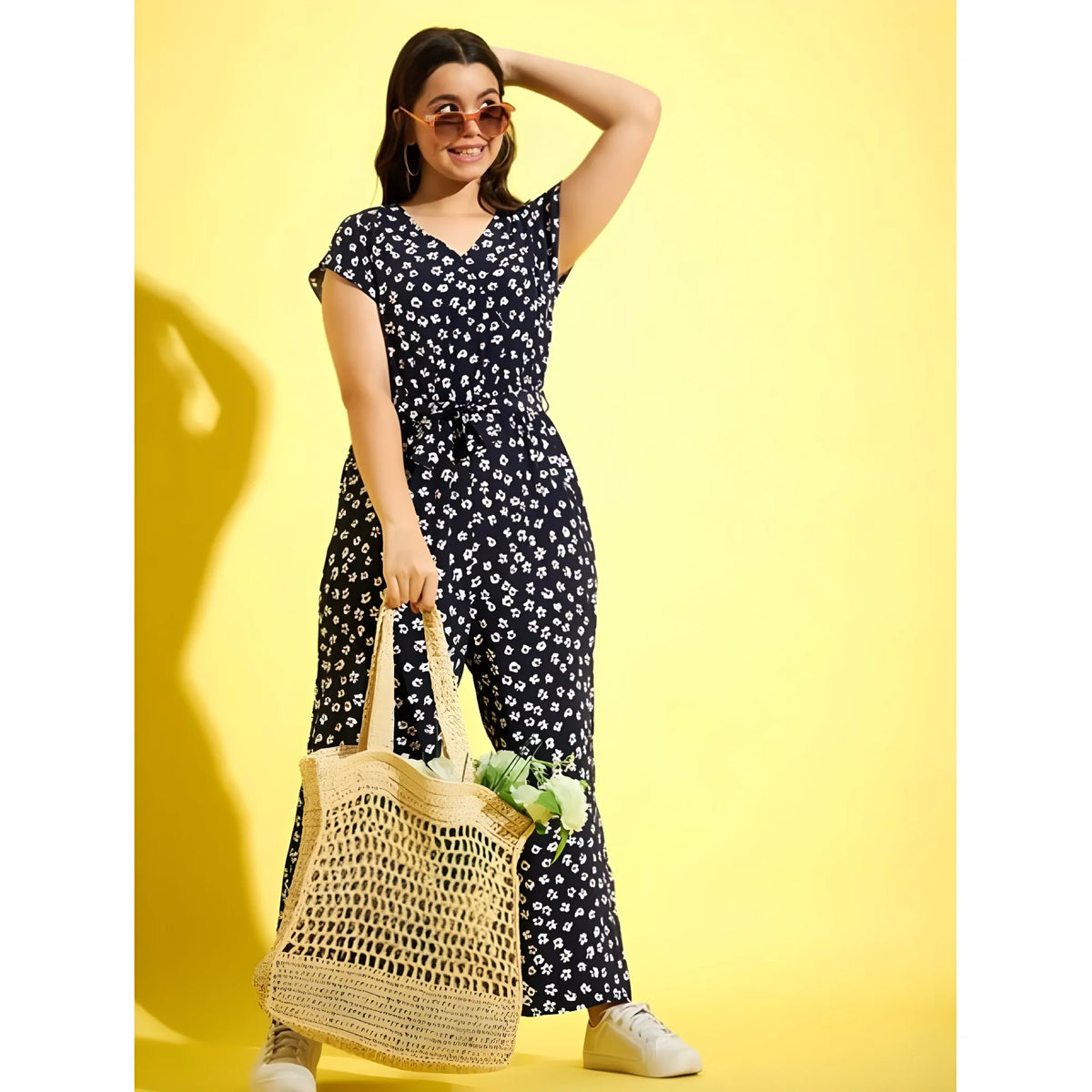 Girl's Polyester Moss Floral Short Sleeves Jumpsuit (navy White) | Kids Signature Collection
