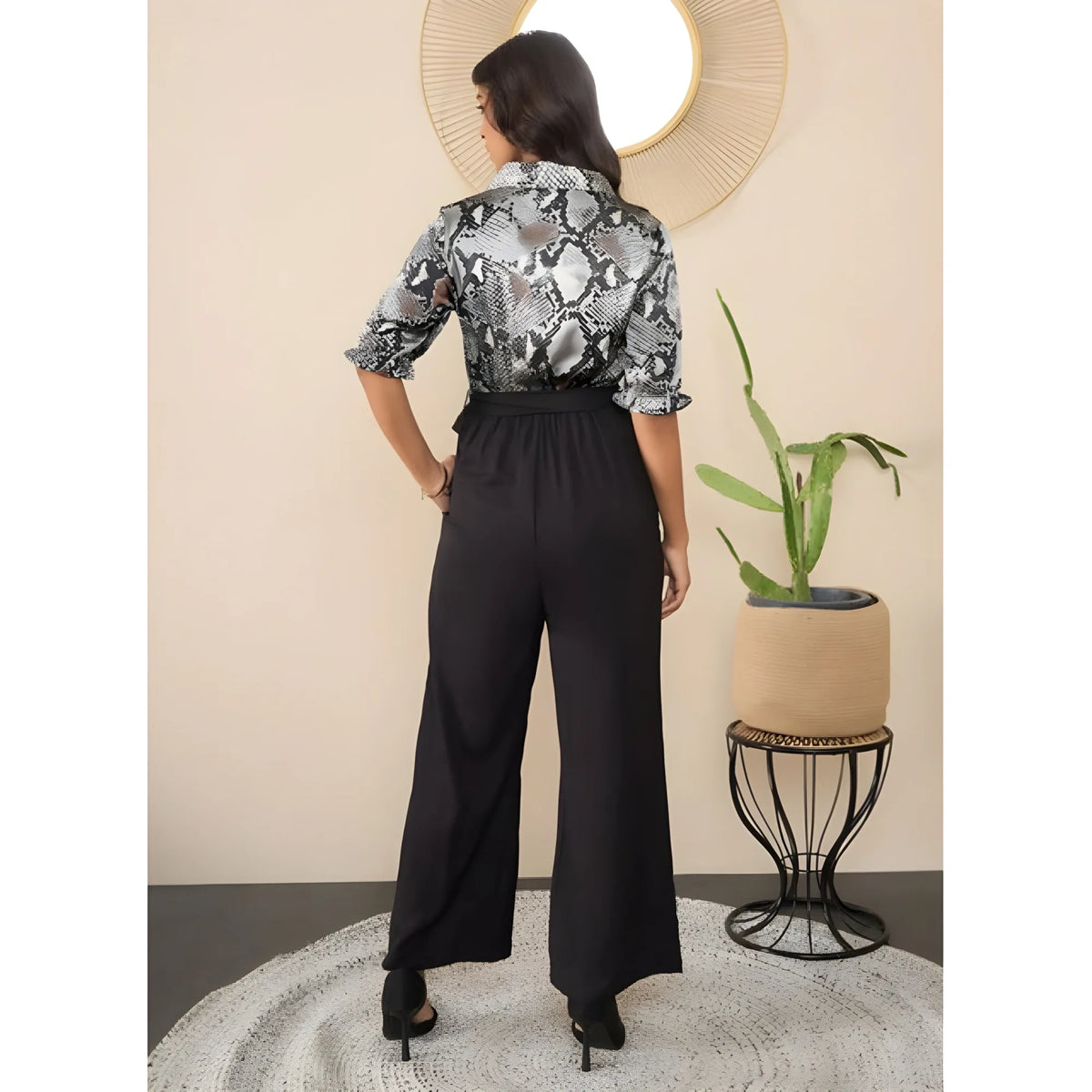 Women's Satin And Polyester Floral Half Sleeves Jumpsuit (grey Black) | Women Signature Collection