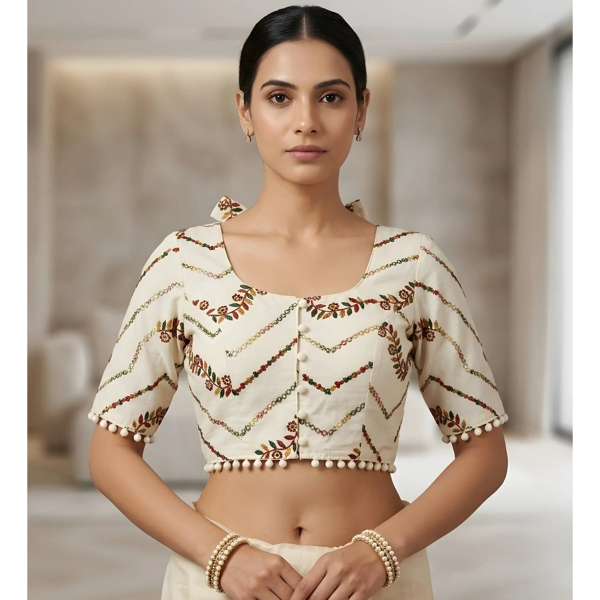 Ivory Pri Women's Cotton Printed Half sleeve Round Neck Padded Readymade Blouse