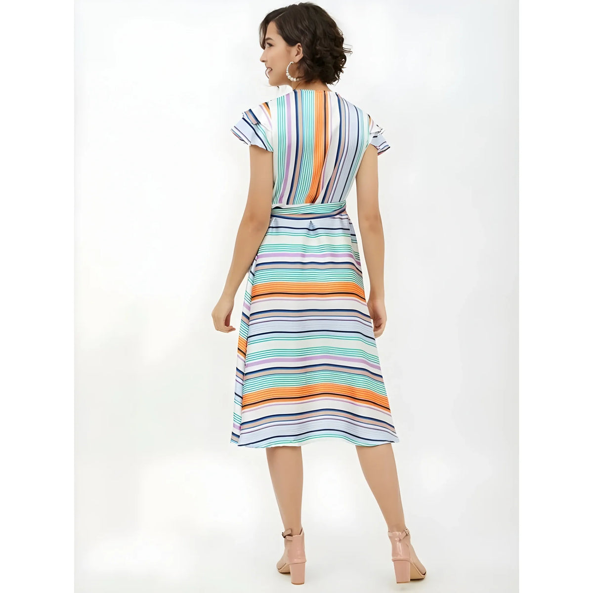 Women's Satin Striped Short Sleeve Knee Length Dress (multicolor) | Women Signature Collection