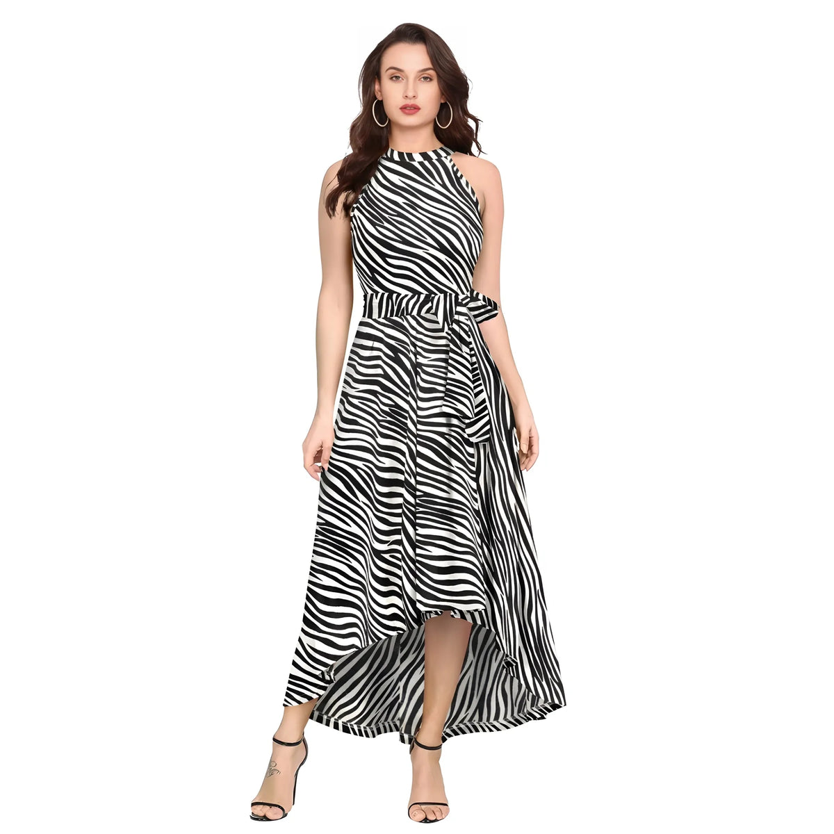 Women's Polyester Zebra Pattern Halter Neck Sleeveless Dress (white) | Women Signature Collection