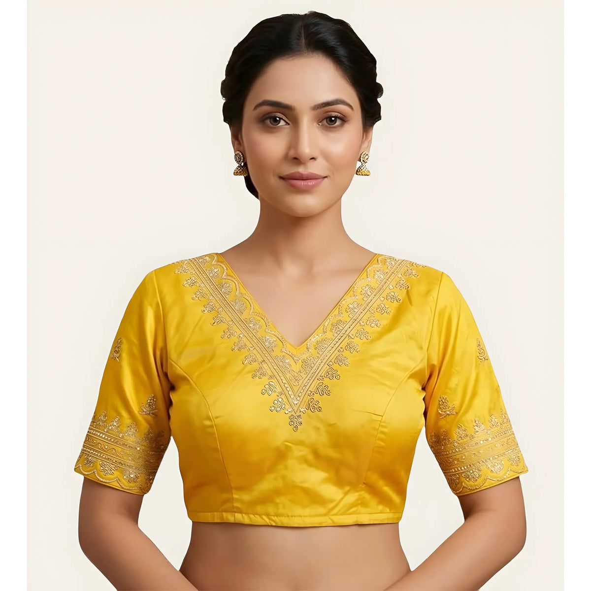 Saffron Women's Satin Embroidered Half sleeve V-Neck Padded Readymade Blouse