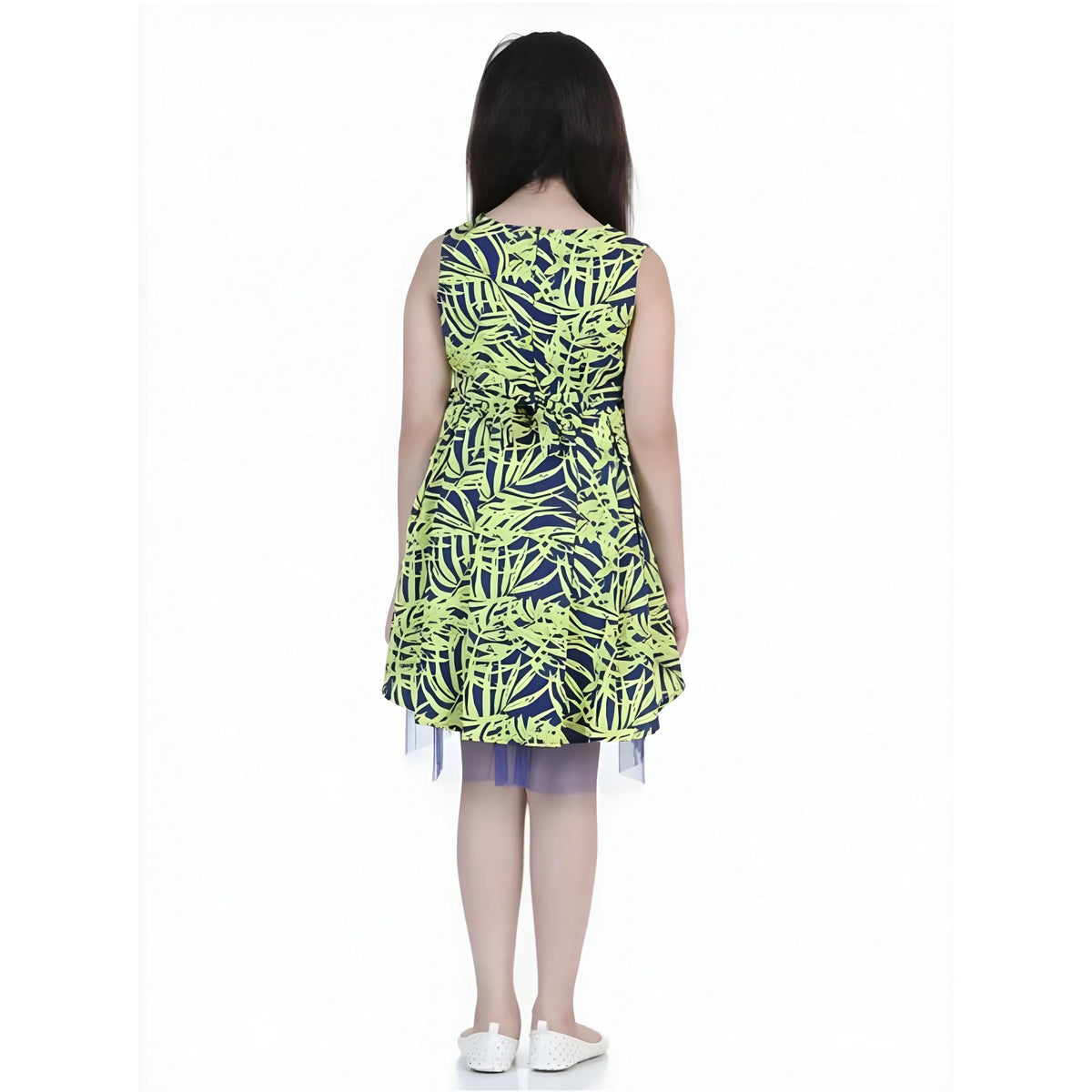 Girl's Polyester Crepe &amp; Net Printed Sleeveless Dress (yellow Blue) | Kids Signature Collection