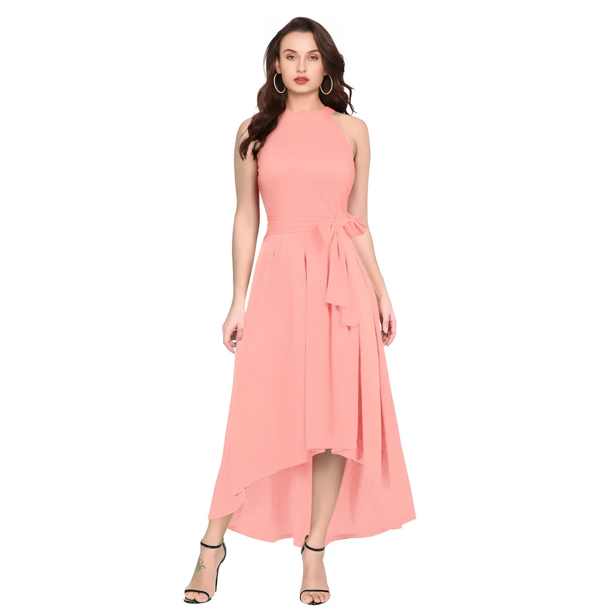 Women's Polyster Solid Halter Neck Sleeveless Dress (peach) | Women Signature Collection