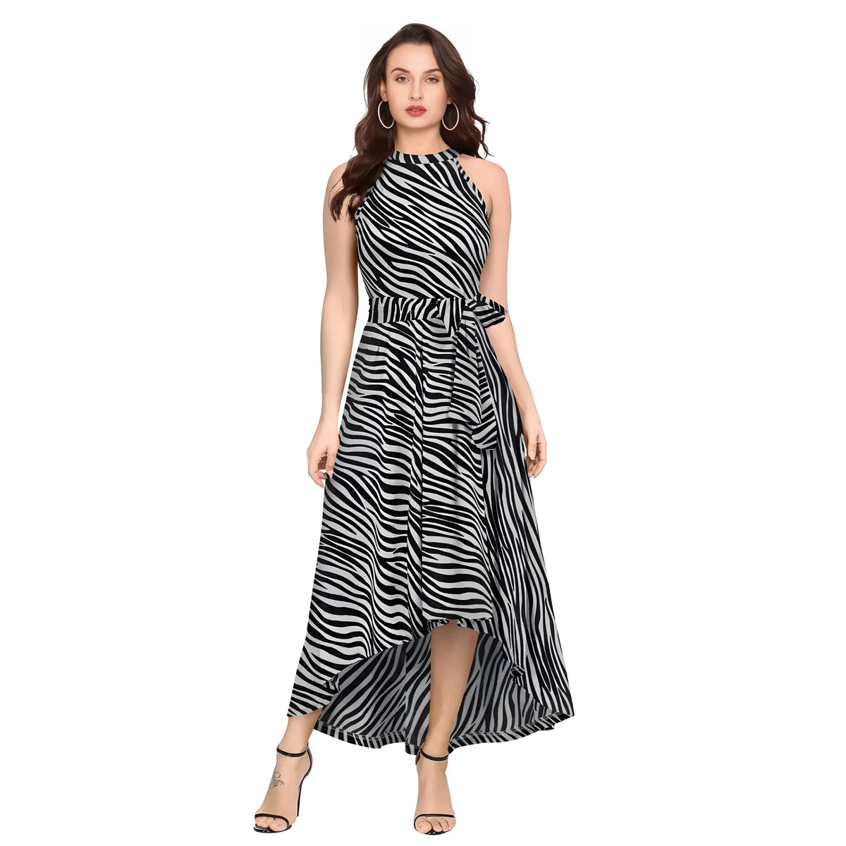 Women's Polyester Zebra Pattern Halter Neck Sleeveless Dress (navy Blue) | Women Signature Collection