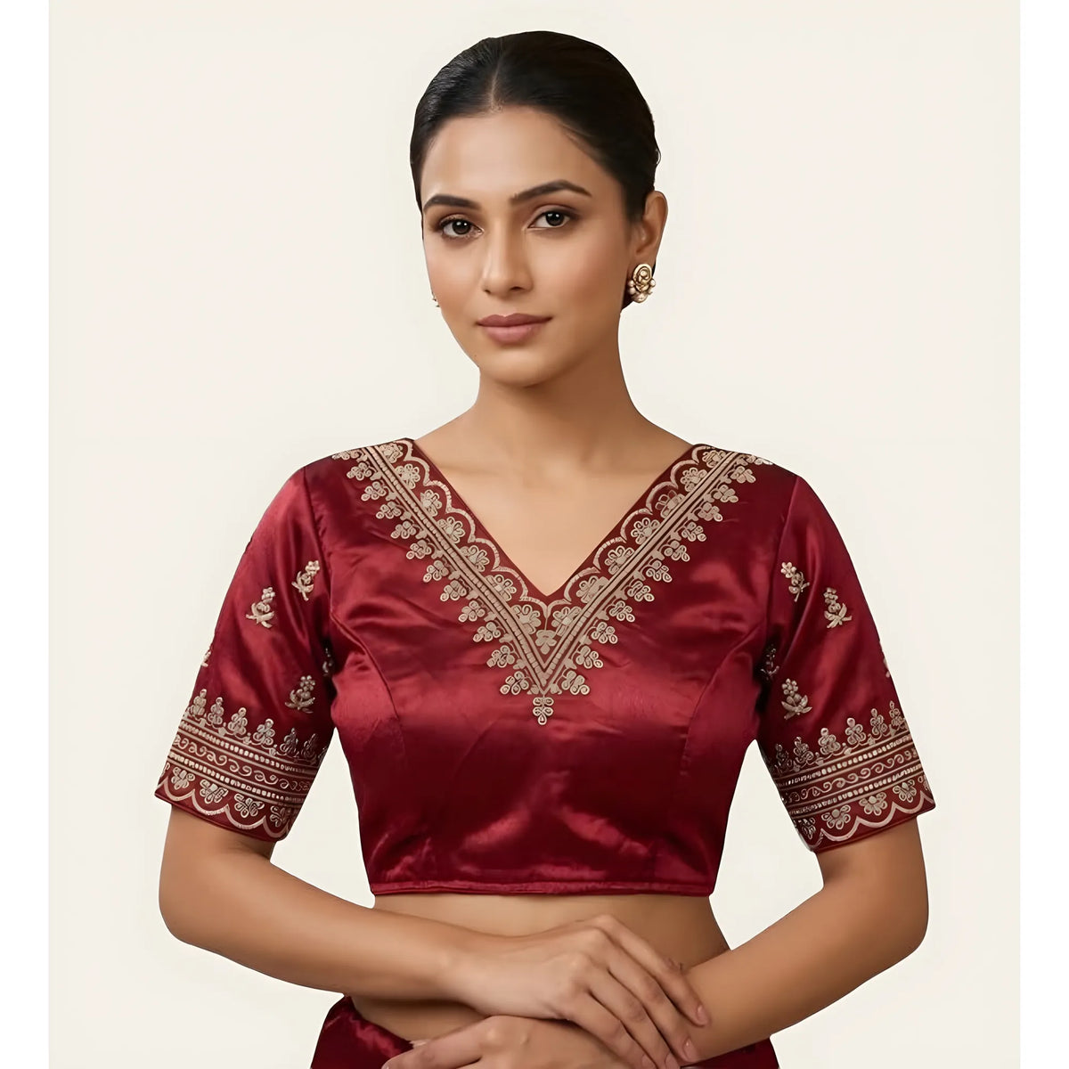 Garnet Women's Satin Embroidered Half sleeve V-Neck Padded Readymade Blouse