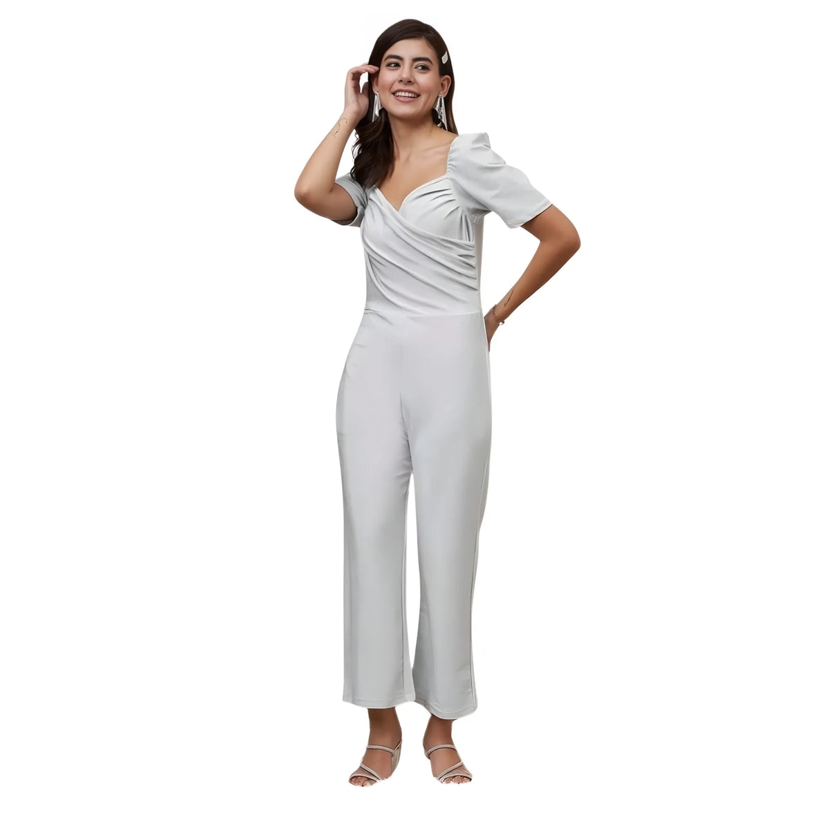 Women's Polyester Shimmer Self Design Short Sleeve Jumpsuit (silver) | Women Signature Collection