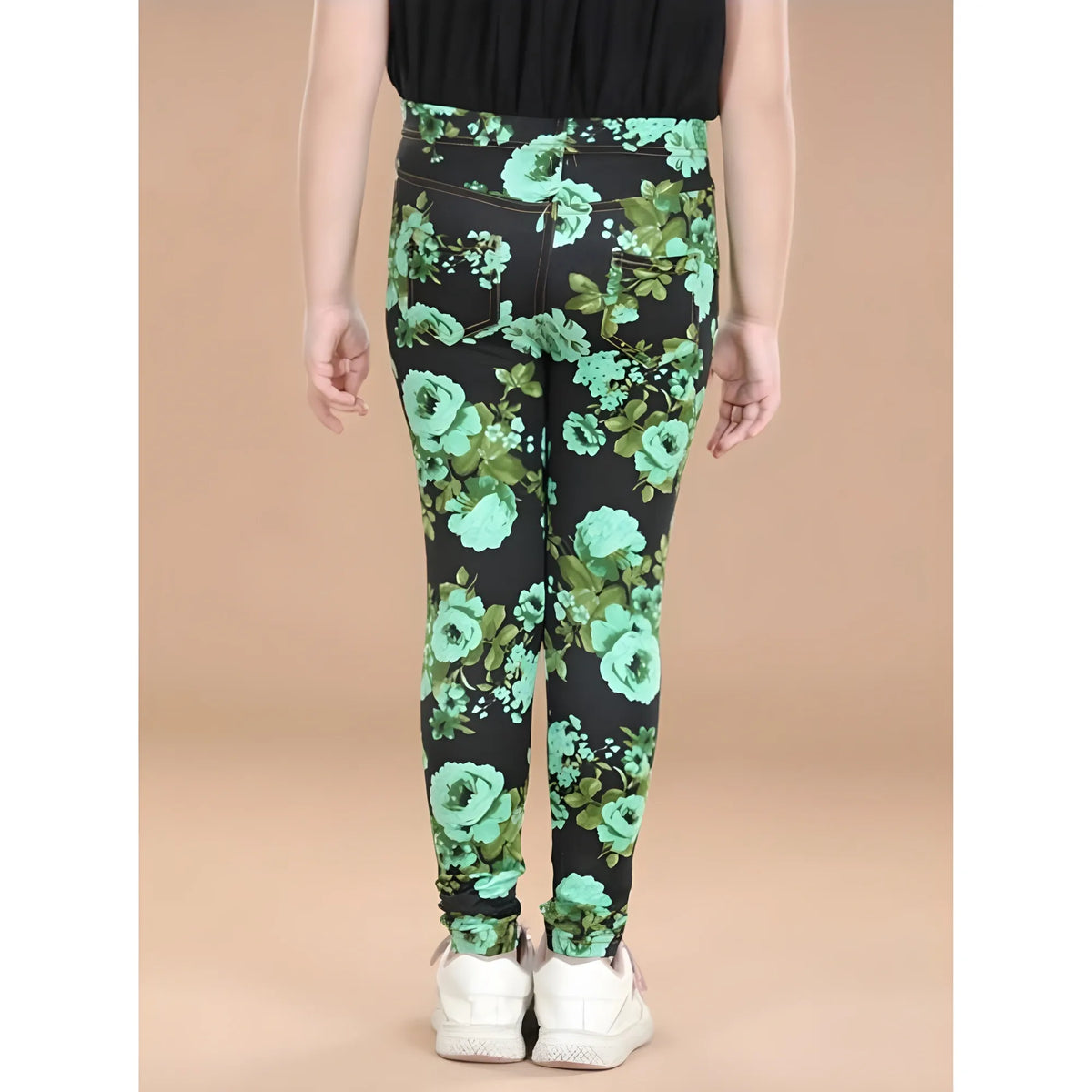 Girl's Cotton Lycra Floral Elasticated Jeggings (Black-Green)