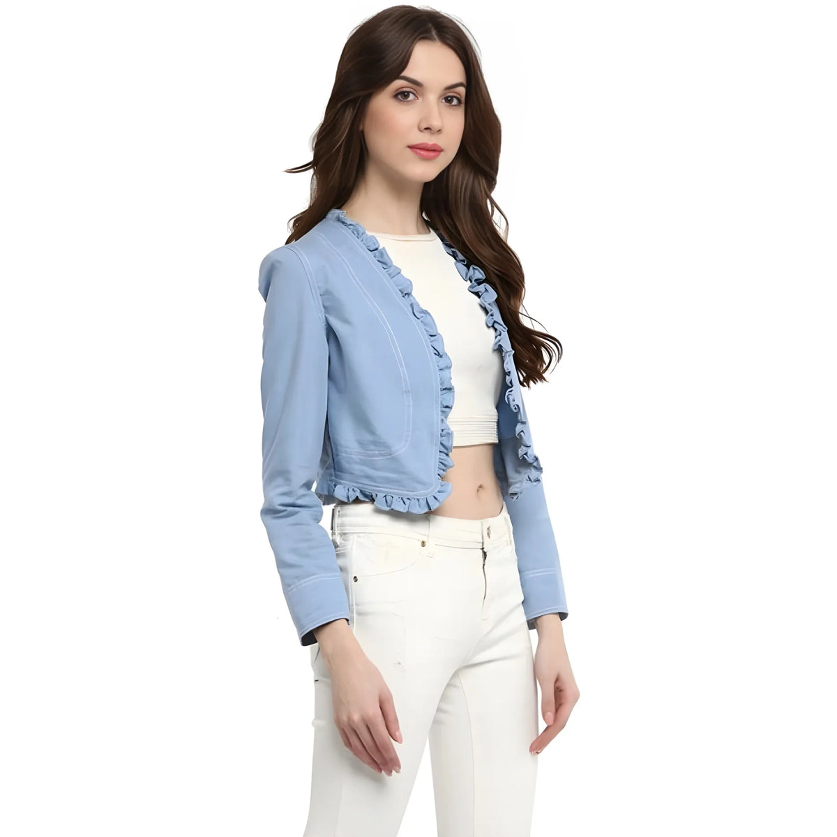 Women's Denim Ruffled Long Sleeves Shrug (blue) | Women Signature Collection