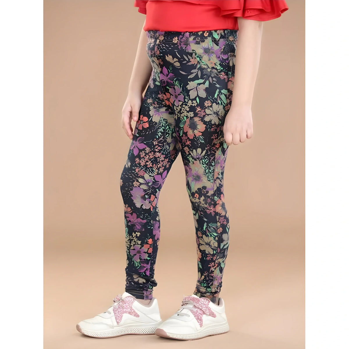 Girl's Cotton Lycra Floral Elasticated Jeggings (Multicolor)