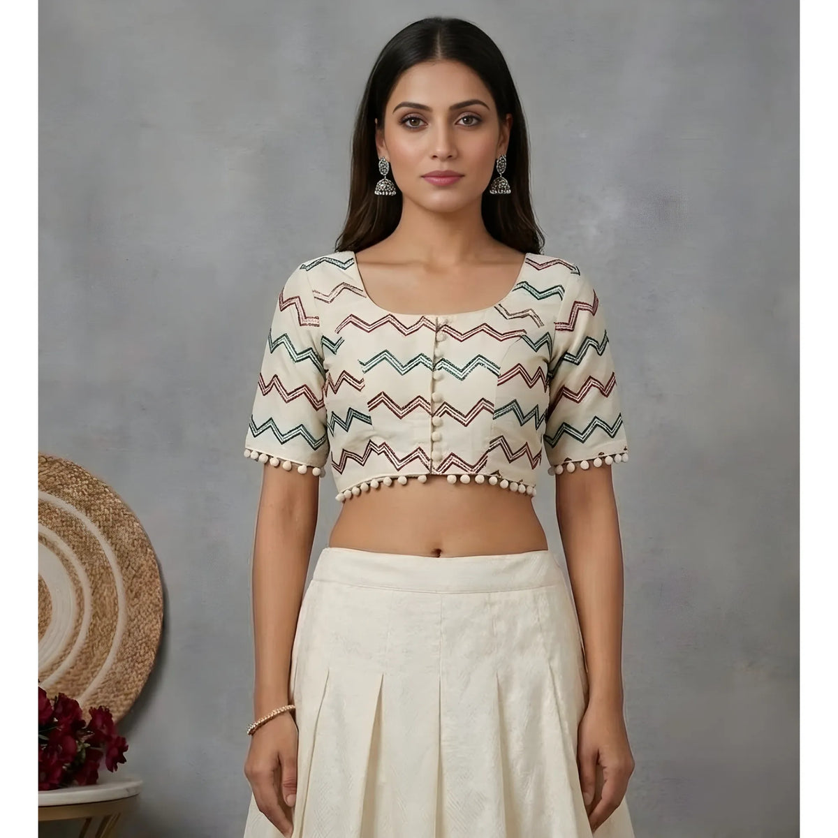 Ivory Pri Women's Cotton Printed Half sleeve Round Neck Padded Readymade Blouse