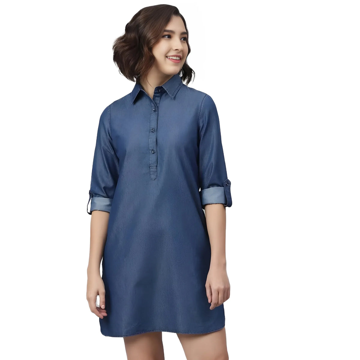 Women's Denim Solid Long Sleeves Above Knee Dress (navy Blue) | Women Signature Collection