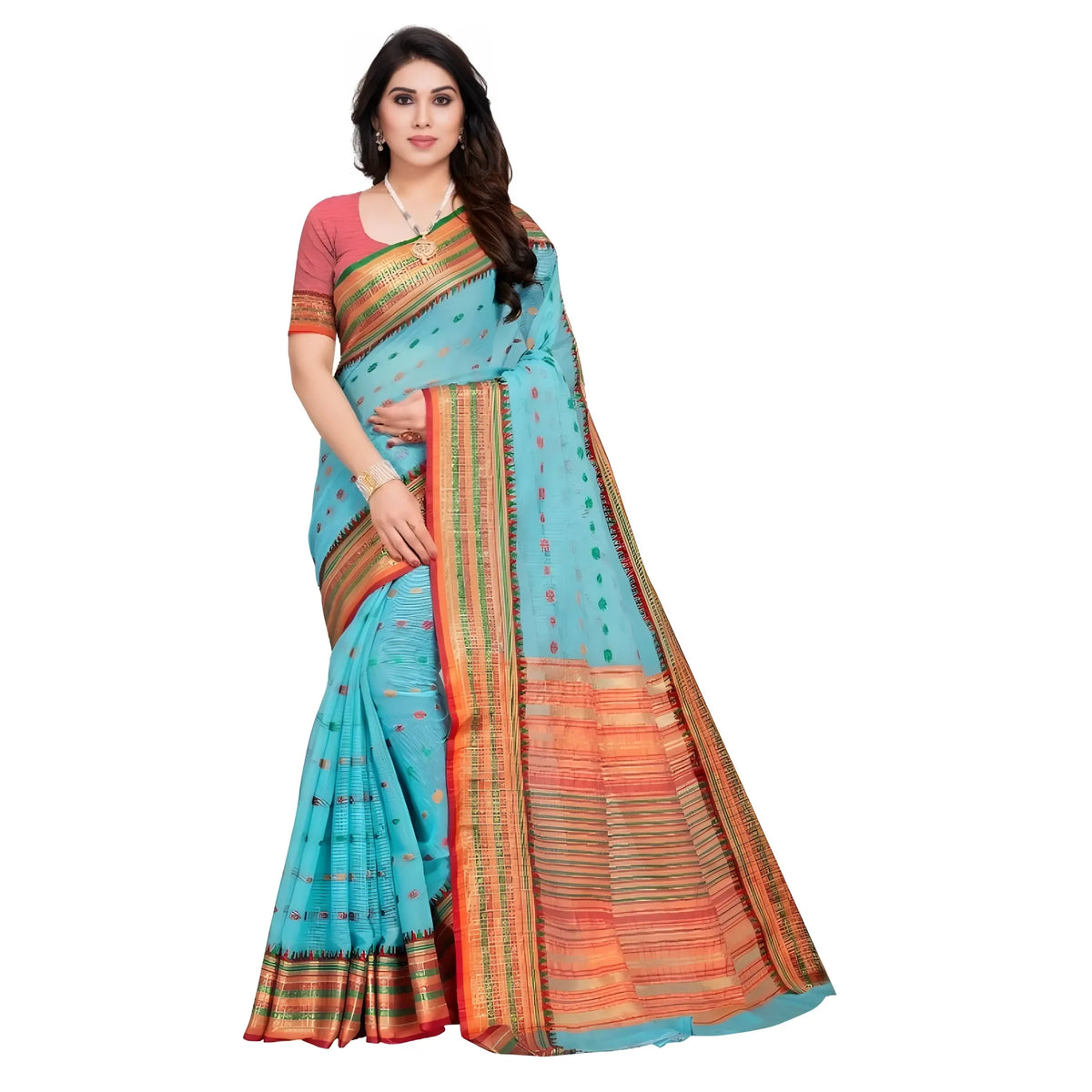 Women's Kota Doria Cotton Woven Butta Saree With Blouse (sky Blue, 5 6 Mtrs) | Women Signature Collection